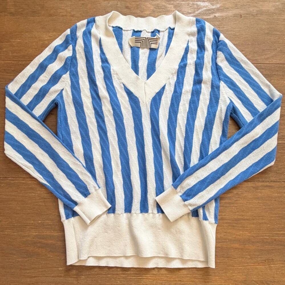 Tory Sport Medium Blue White Striped V Neck Sweater Cotton Blend Tennis Preppy